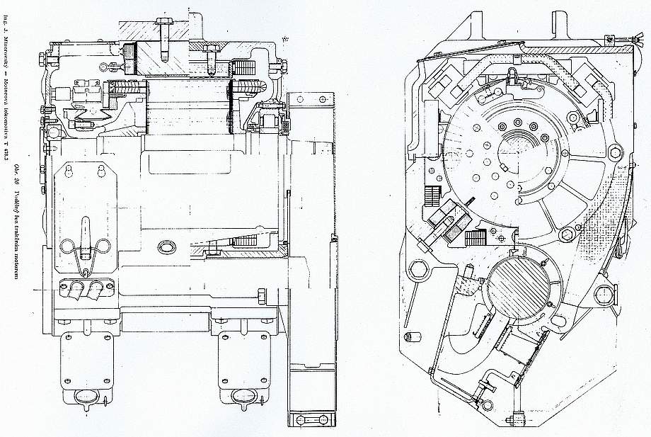 Příčný a podélný řez trakčním motorem TE005